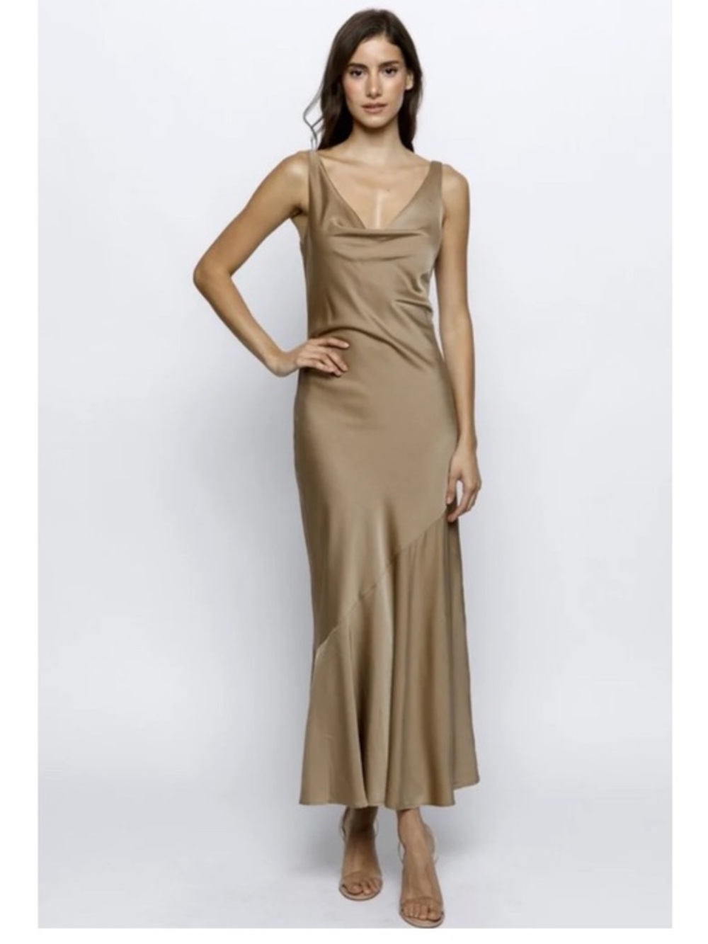 Satin Slip Maxi Dress in Brown